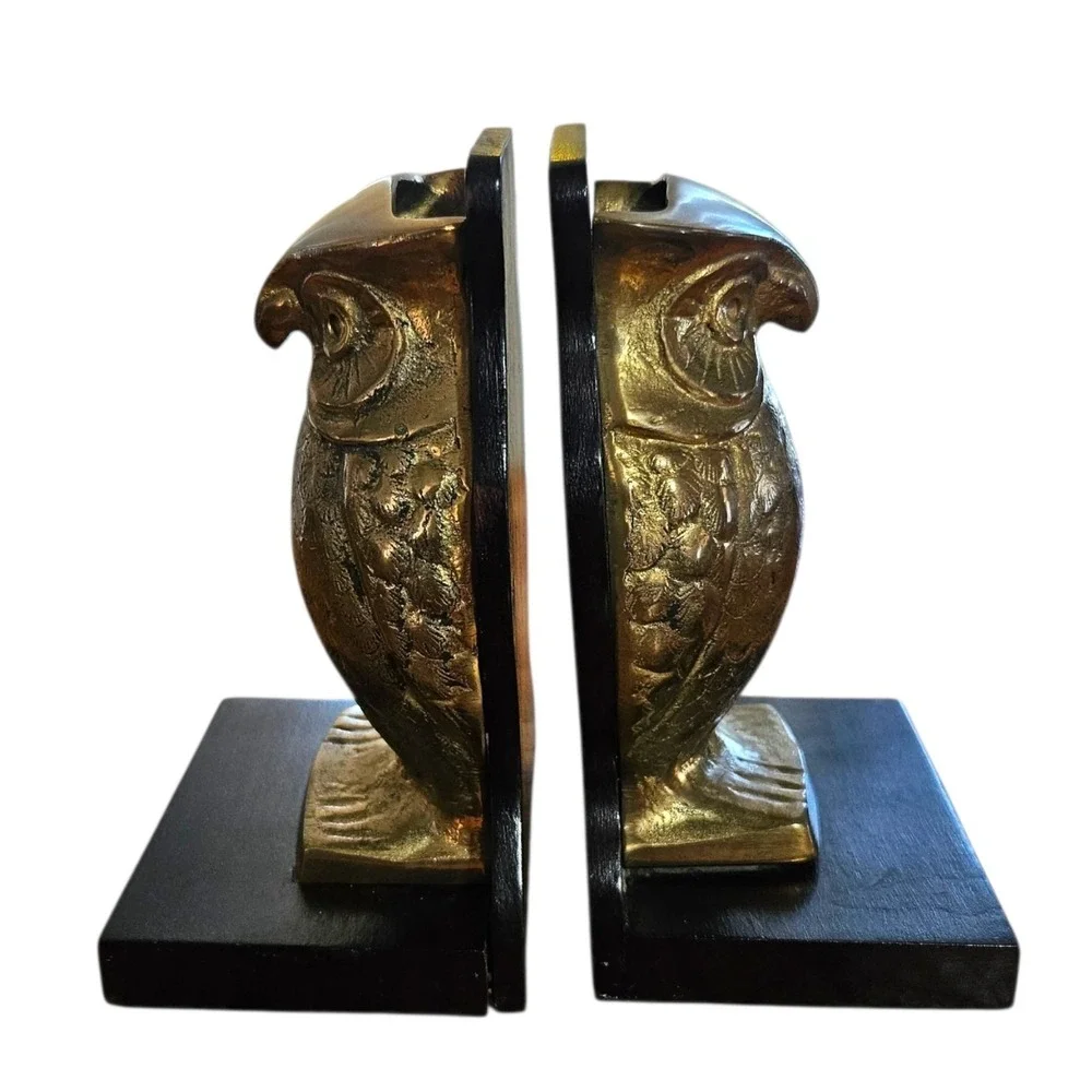 Vintage 50s Mid-Century Modern Solid Brass Owls Figurine Bookend Engraved Patina